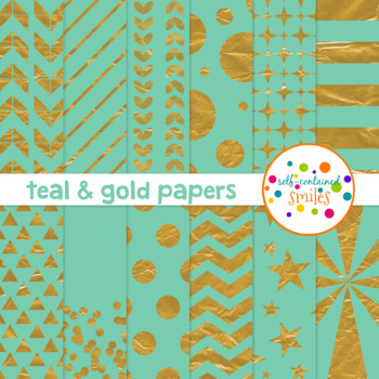 12 Teal and Gold Digital Papers