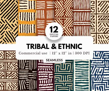 Preview of 12 Tribal and Ethnic Digital Papers, Seamless, African Patterns and Backgrounds