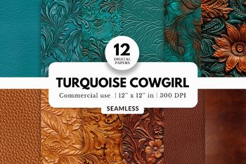 Preview of 12 Turquoise Cowgirl Texture Digital Papers, Seamless, Western Leather Patterns