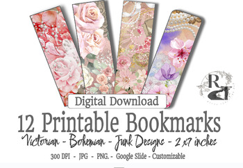 Preview of 12 Victorian Pink Flowers Digital Bookmarks - Bohemien, Shabby Chic, Junk