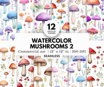 Preview of 12 Watercolor Mushrooms 2 Digital Papers, Seamless Patterns, Fungi Backgrounds