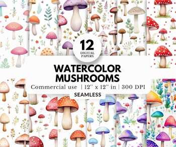 Preview of 12 Watercolor Mushrooms Digital Papers, Seamless Patterns, Spotted Toadstools