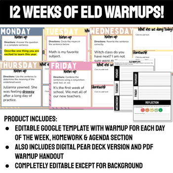 Preview of 12 Weeks of ELD Warmups - Editable Daily Slides Template with Warmup Question