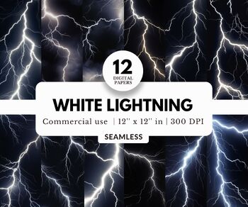 Preview of 12 White Lightning Digital Papers, Seamless Backgrounds, For Weather and Sports