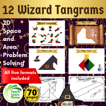 Preview of 12 Wizard and Magic themed Tangram Puzzles & Solutions Full Color and B&W