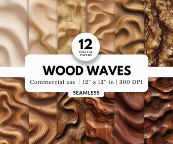 Preview of 12 Wood Waves Digital Papers, Tileable Patterns, Wood Carvings, Map Topography