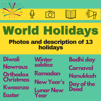 Preview of 12 World Holidays - Slideshow with pictures, descriptions and activity sheets