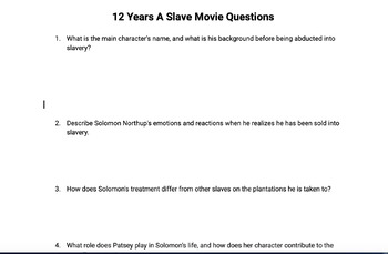 Preview of 12 Years a Slave Comprehension Questions with answer sheet