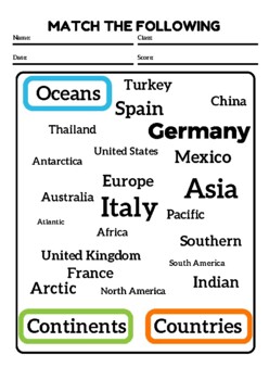 Preview of 12 sheets of Match the following for countries,oceans,continents,seasons,etc...