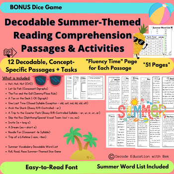 Preview of 12 x Decodable Summer Reading Fluency Comprehension Passages & Activities