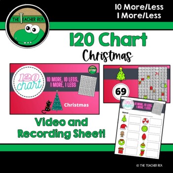 Preview of 120 Chart 10 More/Less, 1 More/Less - Christmas (video and recording sheet)