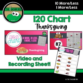 Preview of 120 Chart 10 More/Less, 1 More/Less - Thanksgiving (video and recording sheet)