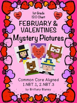 Preview of 1st Grade 120 Chart February & Valentines Mystery Pictures 6-Pack