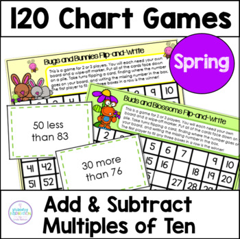 Preview of Hundred Chart Missing Number Puzzles - Add & Subtract Tens - Spring 120 Chart