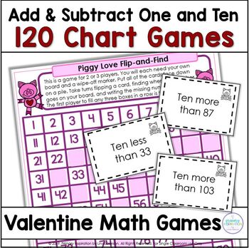 Preview of 120 Chart Valentines Day Math Games Missing Numbers - 10 More 10 Less