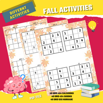 Preview of 120 Fall activities Sudoku Calcudoku Nurekabe easy logic puzzles Autumn games