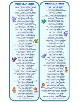 Preview of 120 Irregular Verbs Bookmark (present, past and participle form, French-option)
