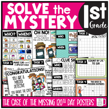 Preview of 120th Day of School Solve the Mystery Math & ELA Task Card Activity 1st Grade