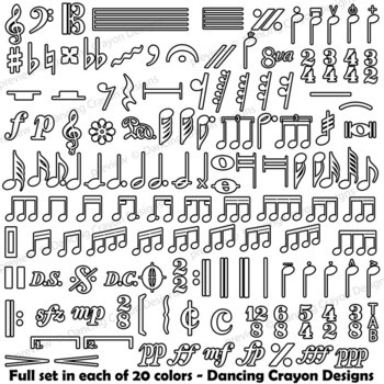 125 Music Notes and Symbols Clip Art | Musical Notation | Color Outlines