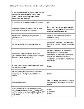 Preview of 125 Sample Questions - Washington State Driver's Licensing Written