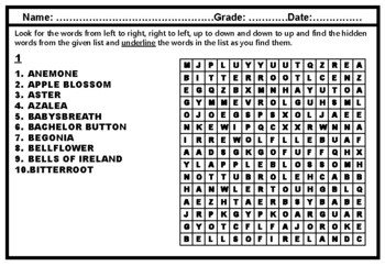 Preview of 127 Flowers Word Search Worksheets, No Prep Sub Plan, Spring Distance Learning