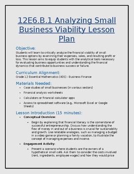 12E6.B.1 Analyzing Small Business Viability Lesson Plan by The Prairie ...