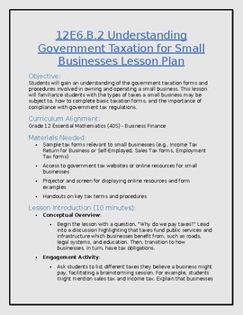 Preview of 12E6.B.2 Understanding Government Taxation for Small Businesses Lesson Plan