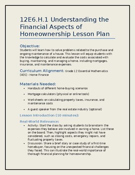Preview of 12E6.H.1 Financial Aspects of Homeownership Lesson Plan