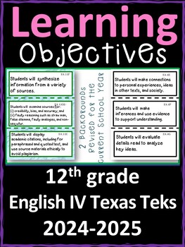Preview of 12th Grade Texas TEKS English IV Learning Objectives Cards | Color & B&W