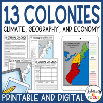 13 Colonies Text Map Lesson and Quiz Digital and PDF 