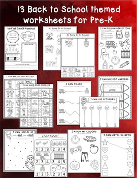 Preview of 13 Back to School Themed Preschool Worksheets