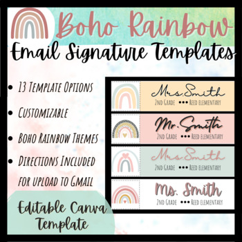 Preview of 13 Boho Rainbow Custom Email Signatures Editable Template, Name Tags