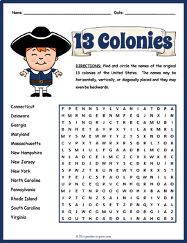 original 13 colonies word search puzzle by puzzles to