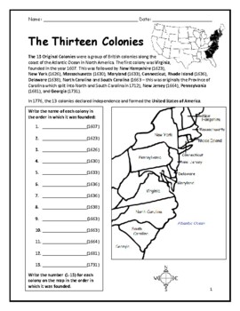 13 Colonies - Printable handout with map by Interactive Printables