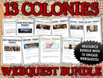 Preview of 13 Colonies (American Colonies) - Webquest Bundle / Centers Activity