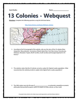 Preview of 13 Colonies (American Colonies) - Webquest with Key (History.com)