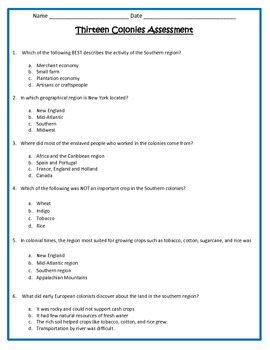 13 Colonies Assessment 4th Grade Social Studies By Cammie S Corner