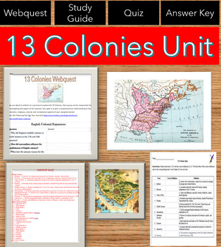 Preview of 13 Colonies Bundle! Webquest, Study Guide, Quiz, Answer Keys! NO PREP NEEDED!