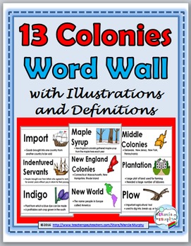 Preview of 13 Colonies Social Studies Word Wall with Illustrations