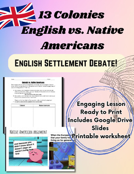 Preview of 13 Colonies English Settlement Debate! Printable w/ Google Slides