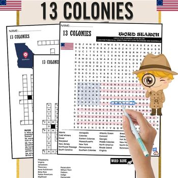 Preview of 13 Colonies Fun Worksheets - Word Search And Crossword
