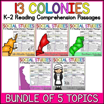 Preview of 13 Colonies K-2 Reading Comprehension Passages Bundle