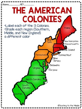 Southern Colonies Map Labeled 13 Colonies Map & Map Quiz Two Versions Free Colonial America | Tpt