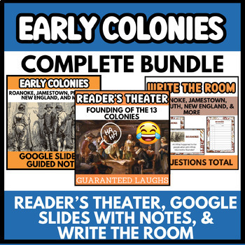 Preview of 13 Colonies Reader's Theater, Google Slides with Guided Notes, & Write the Room