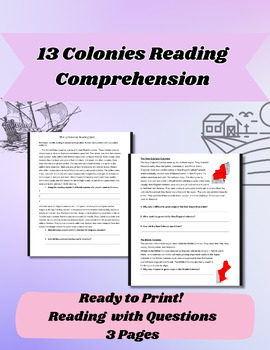 Preview of 13 Colonies Reading Comprehension Q&A Printable Worksheet