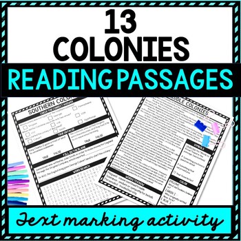 Preview of 13 Colonies Reading Passages, Questions and Text Marking + Word Search