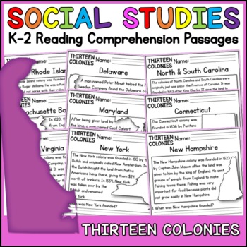 Preview of 13 Colonies Social Studies Reading Comprehension Passages K-2