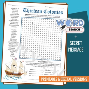Preview of 13 Colonies Word Search Puzzle Activity Vocabulary Worksheet Secret Message