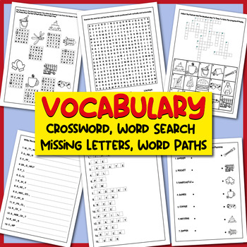 Preview of Vocabulary Activities for Kindergarten: Crossword, Missing Letters, Word Search