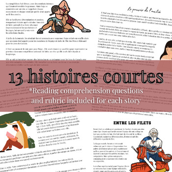 Preview of 13 French Short Stories + Reading Comprehension Questions + Rubrics